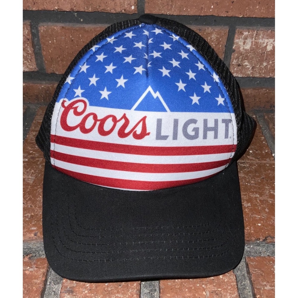 Coors Light Trucker Hat American Flag Stars Stripes Snapback Mesh Beer Cap Black